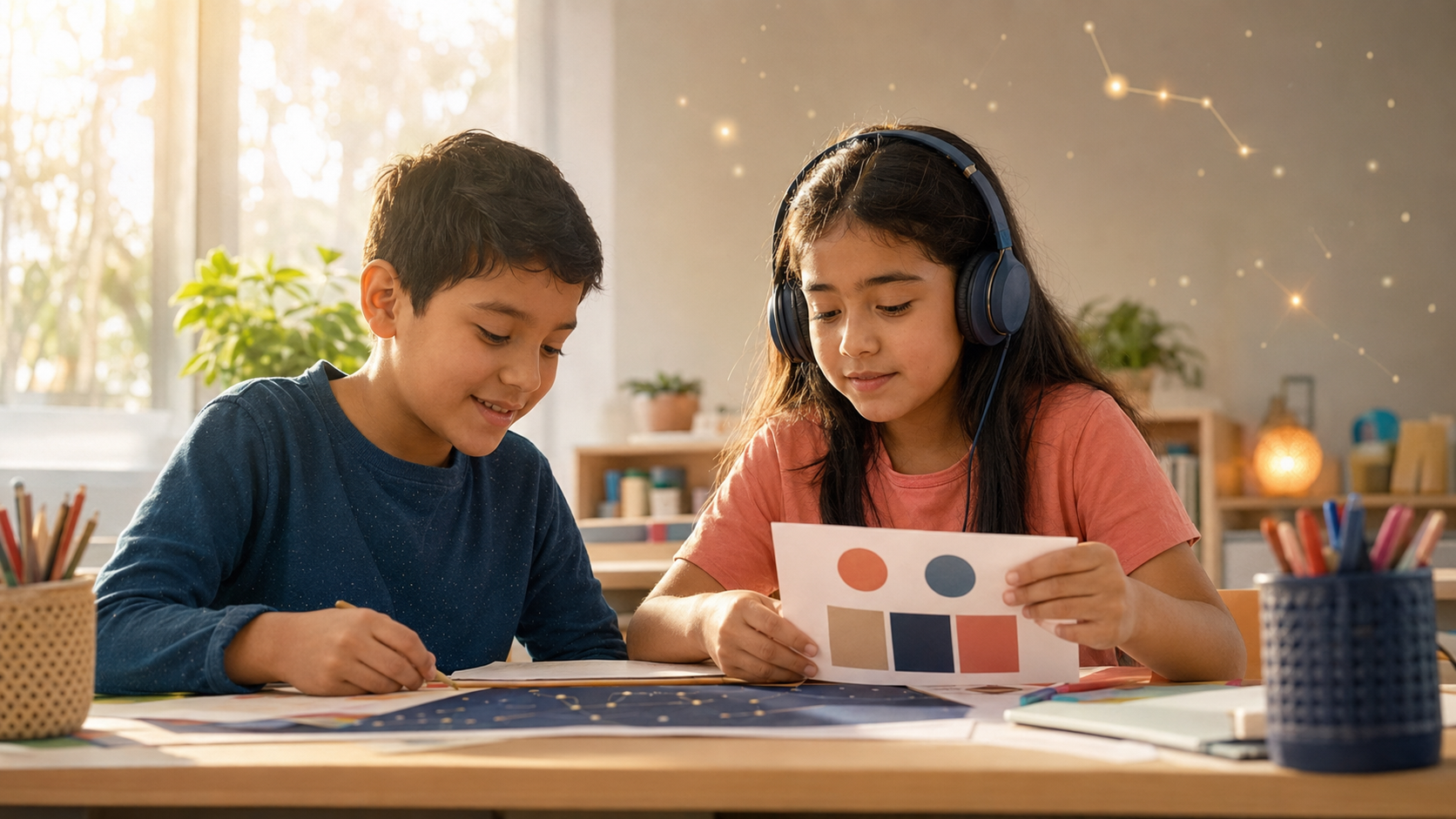 Un niño y una niña participan en una actividad educativa dentro de un aula luminosa y acogedora, utilizando apoyos diferentes